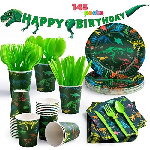 JOYIN 145 Piece Dinosaur Birthday Party Supplies with Banner 24 Serves Dinosaur Disposable Tableware Set with Plates Cups Napkins and Cutlery Sets for Dinosaur Themes Party Kids Years - Image 1