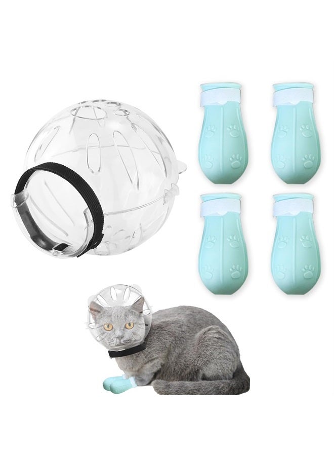 SAVITA Cat Breathable Bubble Helmet with Silicone Paw Covers, Light Green Cat Adjustable Hood Plastic Kitten Breathable Anti Bite Muzzles for Cats Grooming Bathing Shaving Nail Trimming - Image 1