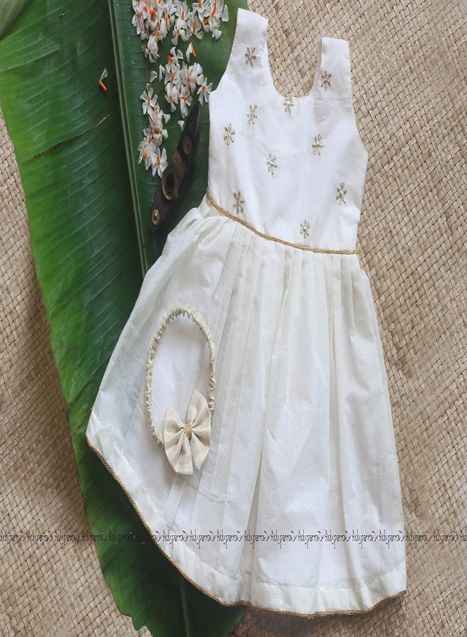 Picksparrow Kerala Baby Girl Cotton Embroidered Frock/Dress with Bow (Offwhite) (3-6 Months), Above The Knee - Image 2