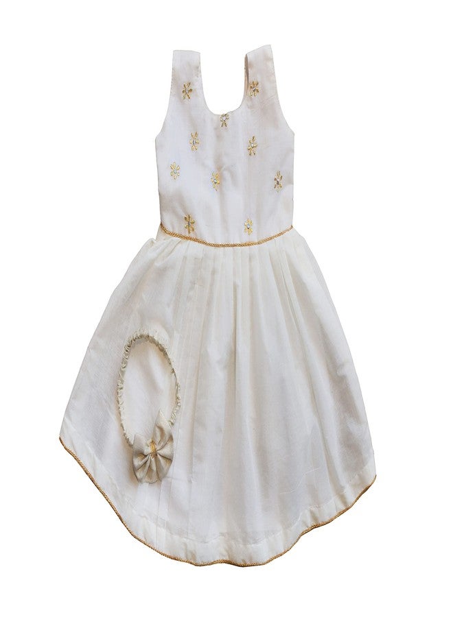 Picksparrow Kerala Baby Girl Cotton Embroidered Frock/Dress with Bow (Offwhite) (3-6 Months), Above The Knee - Image 1
