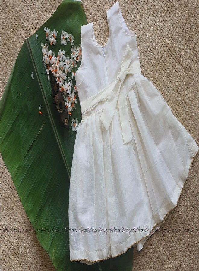 Picksparrow Kerala Baby Girl Cotton Embroidered Frock/Dress with Bow (Offwhite) (3-6 Months), Above The Knee - Image 3