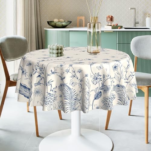 Hexagram Floral Tablecloth 70 Inches Round Spring Summer Table Cloth Stain Resistance Restaurant, Picnic, Indoor and Outdoor Dining Decoration Blue - Image 3