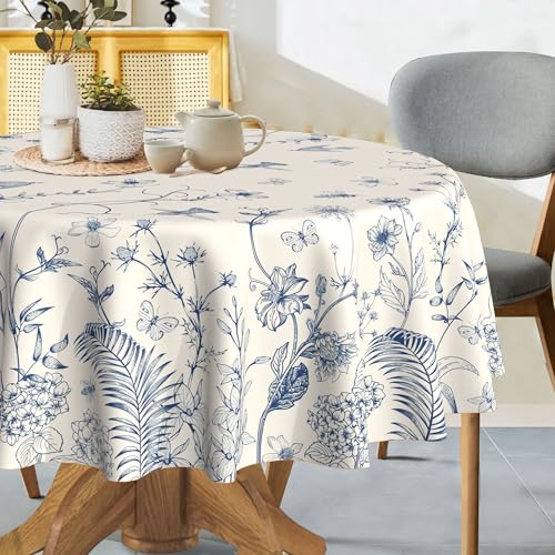 Hexagram Floral Tablecloth 70 Inches Round Spring Summer Table Cloth Stain Resistance Restaurant, Picnic, Indoor and Outdoor Dining Decoration Blue - Image 4