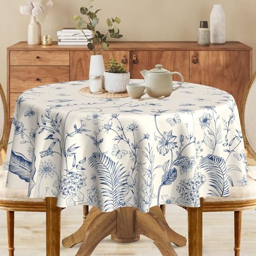 Hexagram Floral Tablecloth 70 Inches Round Spring Summer Table Cloth Stain Resistance Restaurant, Picnic, Indoor and Outdoor Dining Decoration Blue - Image 5