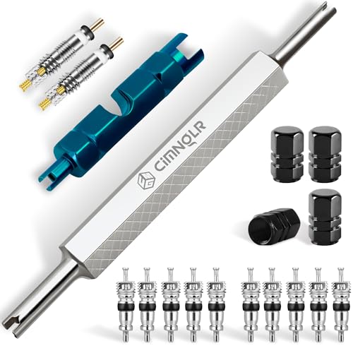 Cimnglr Tire Valve Stem Removal Tool Kit, Includ Upgraded Presta Valve Core Removal Tool, Stainless Steel Schrader Valve Removal Tool, 4pcs Car Tire Valve Stem Caps, 12Pcs Tire Valve Core, ect. - Image 1