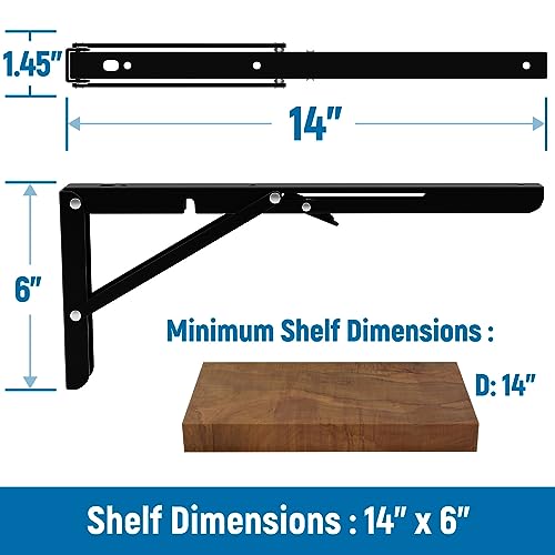 LEOPO 14 inch Folding Shelf Brackets Heavy Duty Wall Mounted Shelf Bracket 2 Pack Black - Image 3