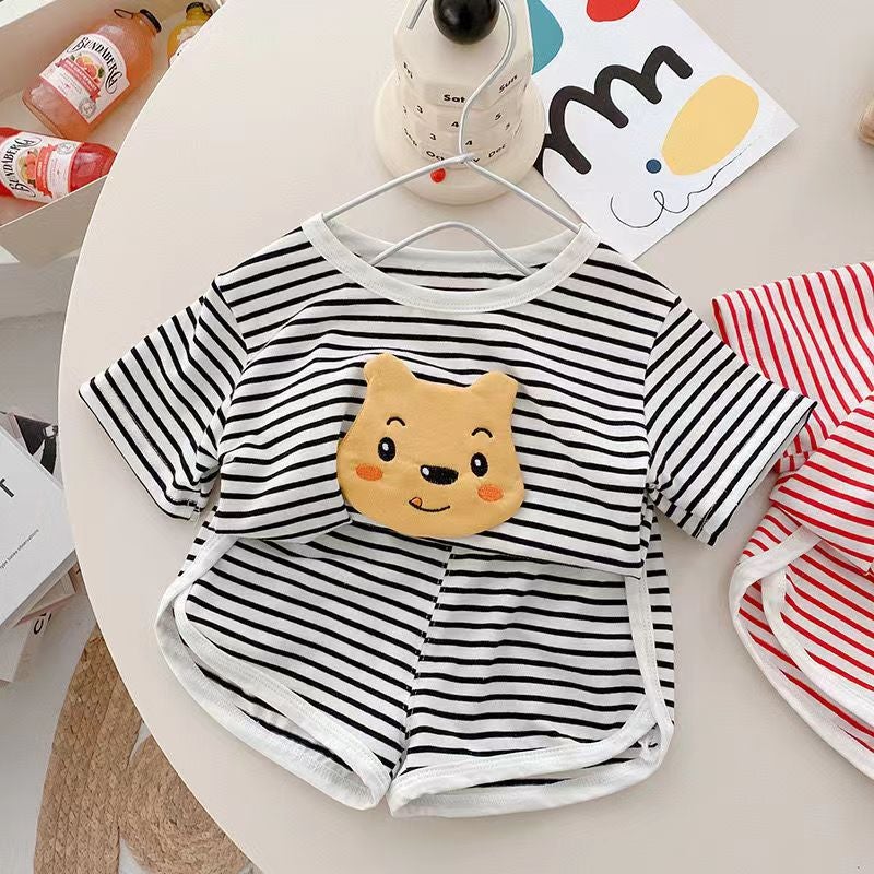 Ice Silk Striped Babys suit Wide Pine Summer Wear Casual Childrens Pajamas for Boys and Girls Cold Home Clothes Air-conditioning Clothes black stripes  - Image 1
