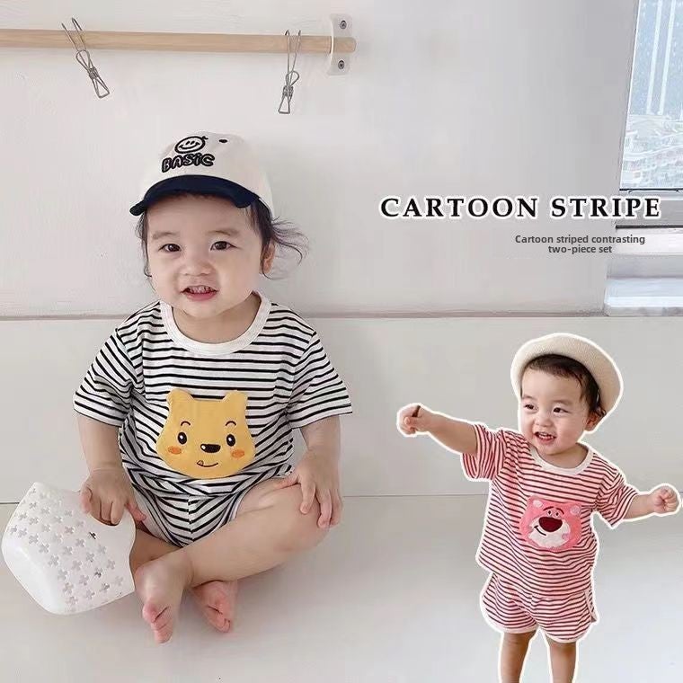 Ice Silk Striped Babys suit Wide Pine Summer Wear Casual Childrens Pajamas for Boys and Girls Cold Home Clothes Air-conditioning Clothes black stripes  - Image 2