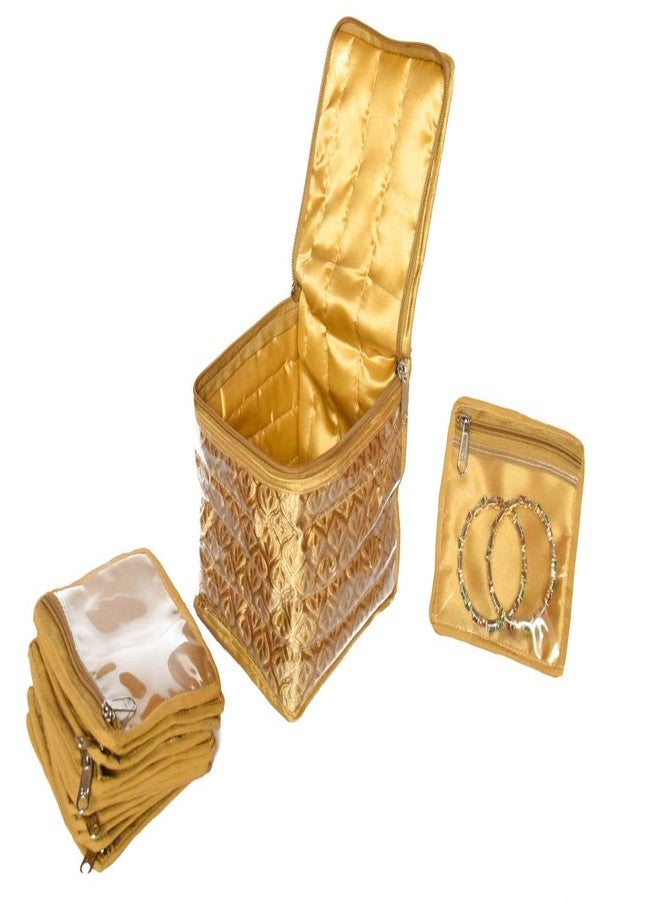 SUN SHINE Sunshine Satin Brocade Fabric Jewellery Cosmetic Organizer with 12 Bangle Multipurpose Pouch (GOLD) - Image 1
