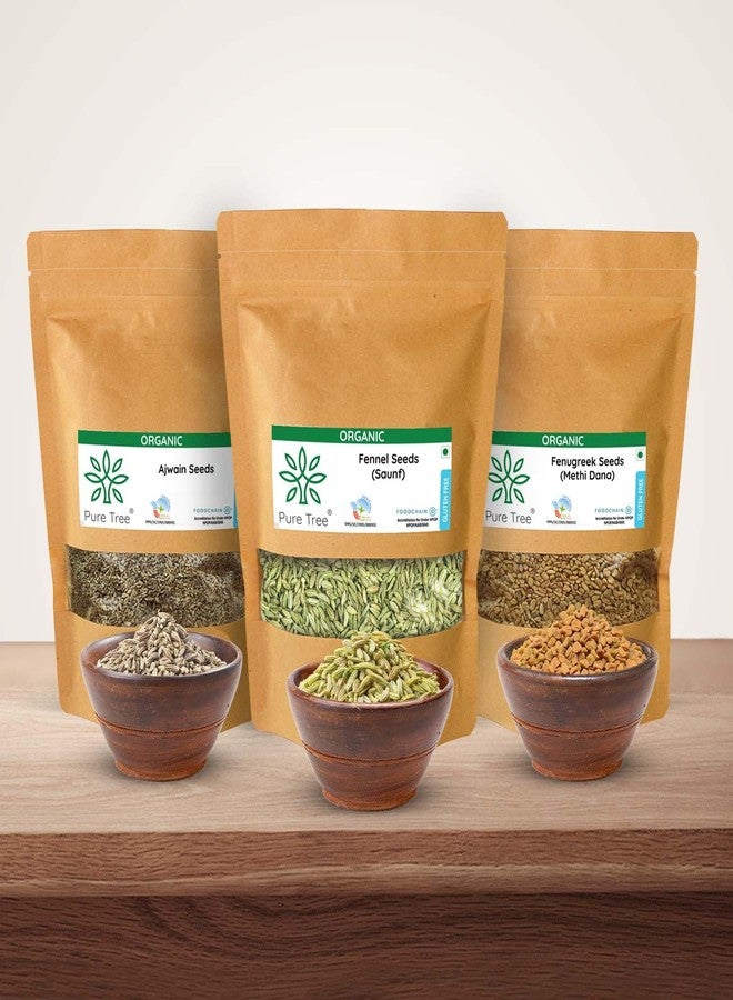 Pure Tree Certified Organic Ajwain, Methi, Saunf | 75 g Each | Carom, Fenugreek & Fennel Seeds | Spices Whole Vaamu, Methi dana, Variyali Combo Pack - Image 1