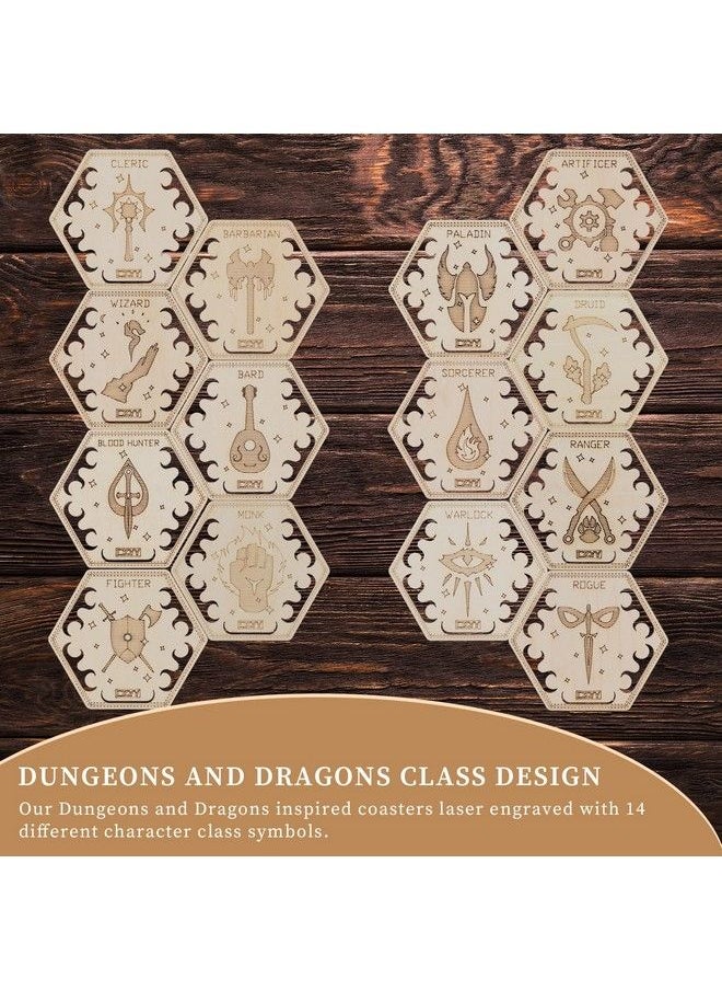 CZYY - D&D Class Coasters Set Of 14 With Holder Hexagon Gaming Mug Mats Wooden Laser Engraved Dnd Classes Icons Gift For Dungeons And Dragons Fans Game Master - Image 1