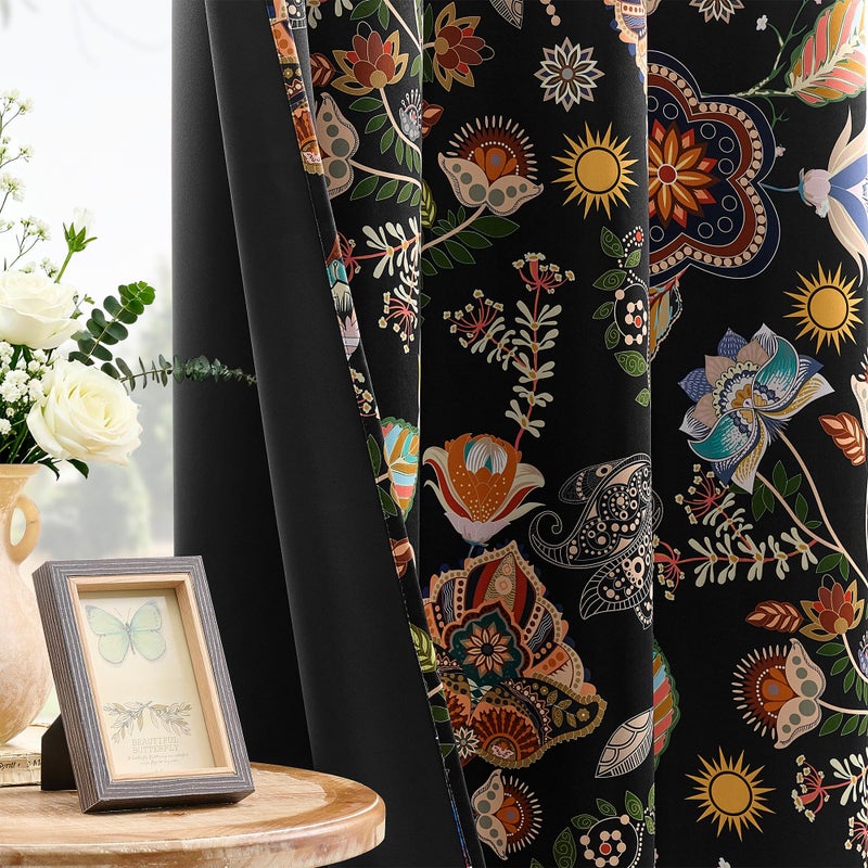 XiDi Black Floral 100% Blackout Curtains for Bedroom 84 Inches Long 2 Panels Vintage Patterned Black Out Curtains for Living Room Grommet Thermal Insulated Luxury Dark Botanical Printed Window Drapes - Image 4