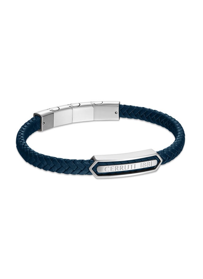 CERRUTI 1881 - Sandro Navy Leather, Stainless Steel Logo Motif Bracelet for Men - Image 1