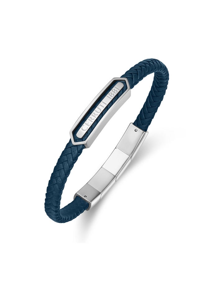 CERRUTI 1881 - Sandro Navy Leather, Stainless Steel Logo Motif Bracelet for Men - Image 1