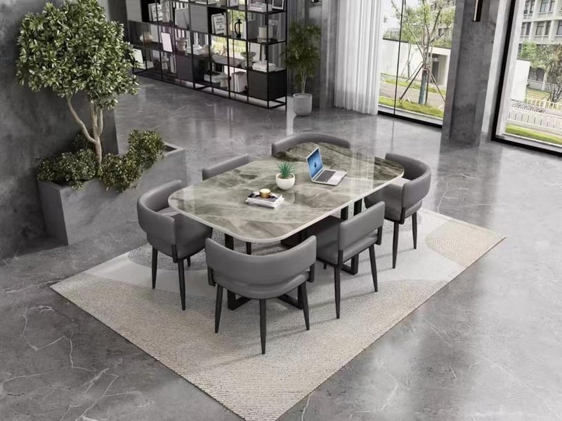 Harmony Home - 6-Seater Ceramic Top Dining Table Set - Elegant Grey Rock Top Rectangular Table with 6 Padded Chairs - Durable Space-Saving Design for Homes Apartments & Offices - Image 1