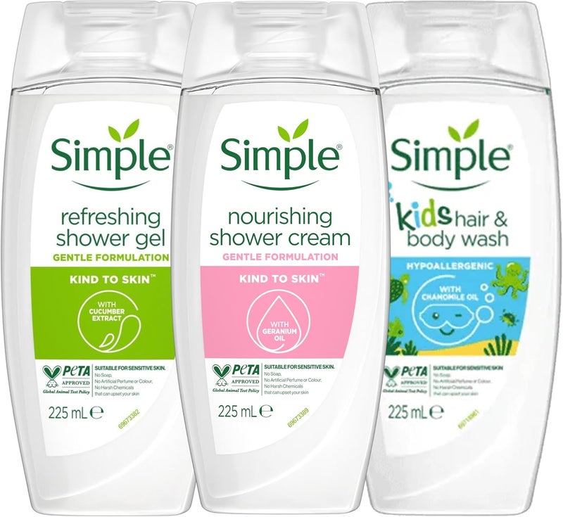 Simple Kind to Skin Trio Bundle Refreshing Shower Gel Nourishing Shower Cream Kids Hair Body Wash Gentle Hypoallergenic No Artificial Perfume or Colour 225ml Each