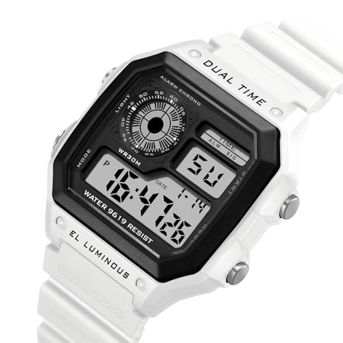 PASOY Unisex Digital Sport Watch for Women Lightweight Waterproof Watch with Alarm Dual Time Stopwatch EL Backlight Slim PU Strap Outdoor Fitness Style Soft White Watches - Image 2