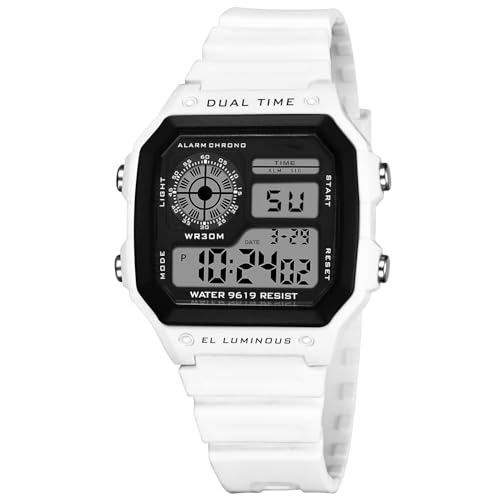 PASOY Unisex Digital Sport Watch for Women Lightweight Waterproof Watch with Alarm Dual Time Stopwatch EL Backlight Slim PU Strap Outdoor Fitness Style Soft White Watches - Image 5