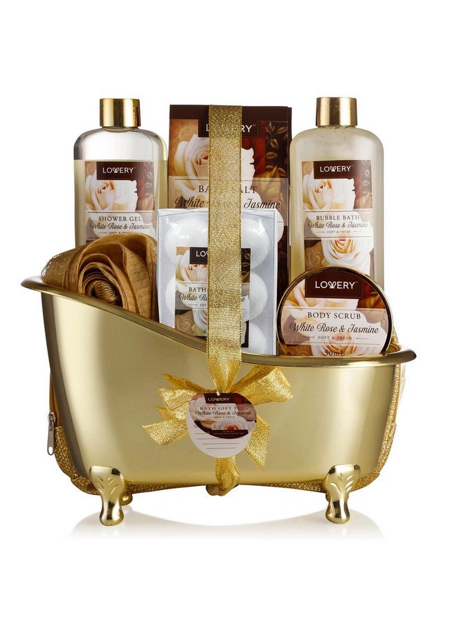 LOVERY Christmas Gifts, Home Spa Gift Basket, Luxury 13Pc Bath & Body Set For Men & Women, White Rose & Jasmine Scent - Shower Gel, Bubble Bath, Body Scrub, Salts, 6 Bath Bombs, Pouf, Cosmetic Bag & Gold Tub