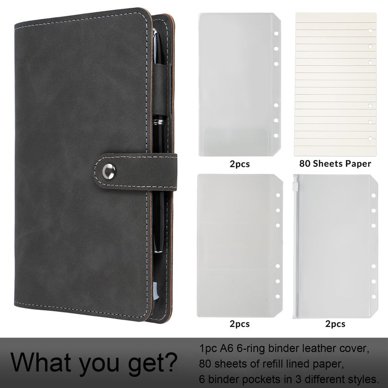 kullder A6 Binder 6 Ring Refillable Notebook Binder for Men, Gift for Men PU Leather Planner Organizer with Metal Closure, Filler Loose Leaf Paper for School & Personal Use, Woman Man Travel Supplies, Grey - Image 3