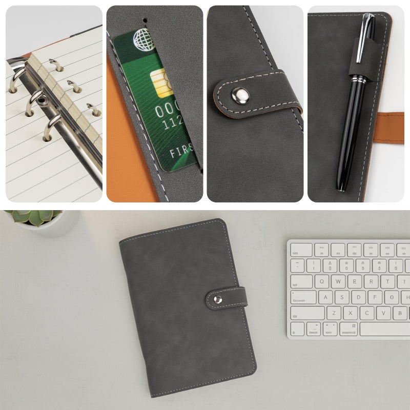 kullder A6 Binder 6 Ring Refillable Notebook Binder for Men, Gift for Men PU Leather Planner Organizer with Metal Closure, Filler Loose Leaf Paper for School & Personal Use, Woman Man Travel Supplies, Grey - Image 4