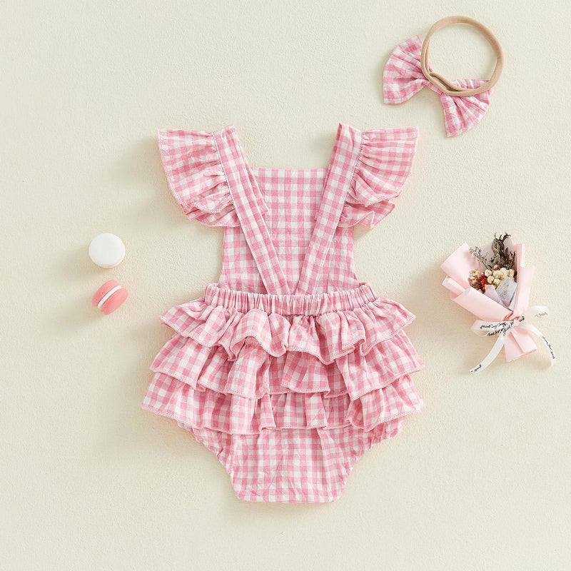 FOMOYUU Newborn Baby Girl Romper Summer Sleeveless Checkered Smocked Cotton Linen Clothes Outfit Jumpsuit with Bow Headband (Pink, 0-3 Months) - Image 3