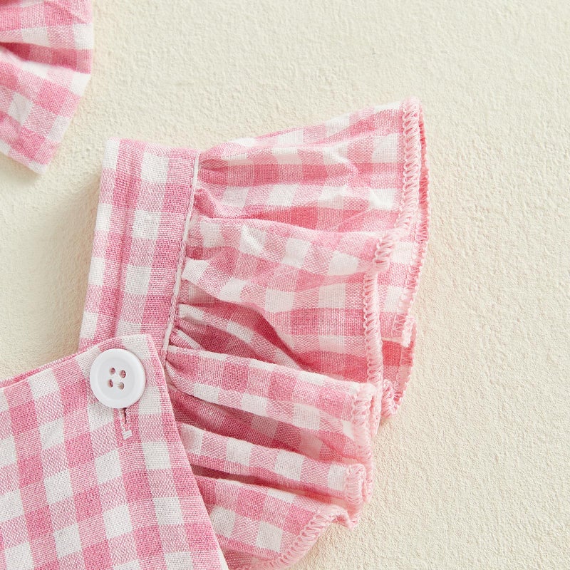 FOMOYUU Newborn Baby Girl Romper Summer Sleeveless Checkered Smocked Cotton Linen Clothes Outfit Jumpsuit with Bow Headband (Pink, 0-3 Months) - Image 5