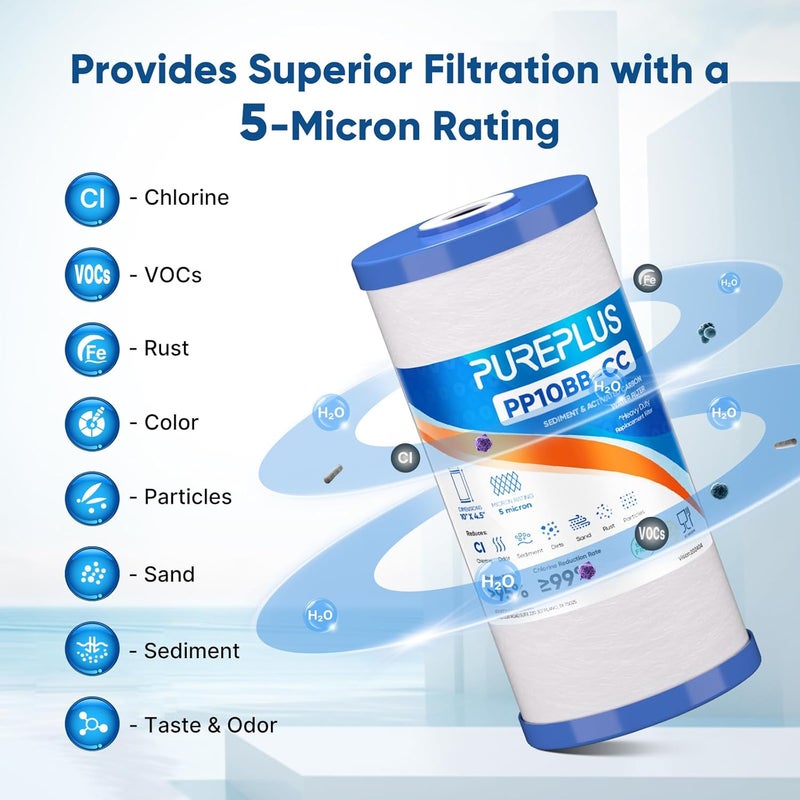Pure Plus 5 Micron 10" x 4.5" Whole House FXHTC Sediment and Carbon Water Filter Replacement Cartridge for GXWH40L, GXWH35F, GNWH38S, RFC-BBSA, WRC25HD, PP10BB-CC, RFC-BB, WFHD13001, 4Pack - Image 5