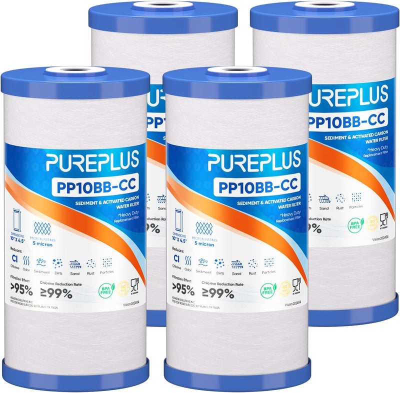 Pure Plus 5 Micron 10" x 4.5" Whole House FXHTC Sediment and Carbon Water Filter Replacement Cartridge for GXWH40L, GXWH35F, GNWH38S, RFC-BBSA, WRC25HD, PP10BB-CC, RFC-BB, WFHD13001, 4Pack - Image 1
