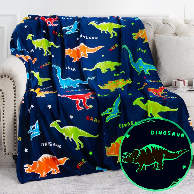 Levens Dinosaur Toys Gifts for Boys Girls - Glow in The Dark Dino Blanket Best Christmas Birthday Valentine's Day Easter Presents for Kids Age 1 2 3 4 5 6 7 8 9 10 Year Old Child Teen Soft Throw 60""x80"" - Image 1