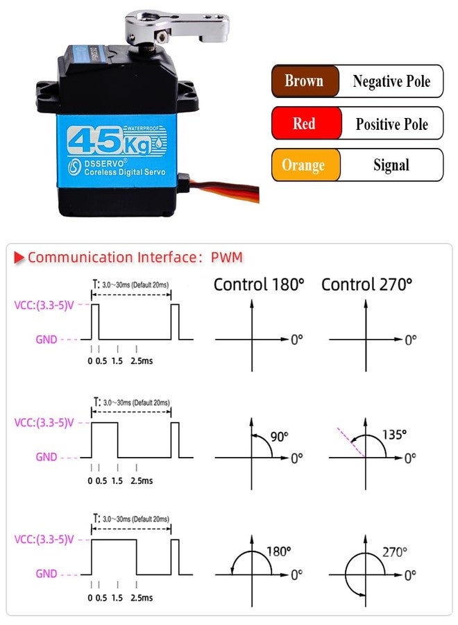 Stemedu 45kg Standard Servo Coreless Steering Servo Motor, High Torque 46kg.cm@ 7.4V, Stainless Steel Gear RC Digital Servo or Robotic DIY, 1/10 1/8 RC Car/Truck/Crawler/Boat (Control Angle 180°) - Image 5