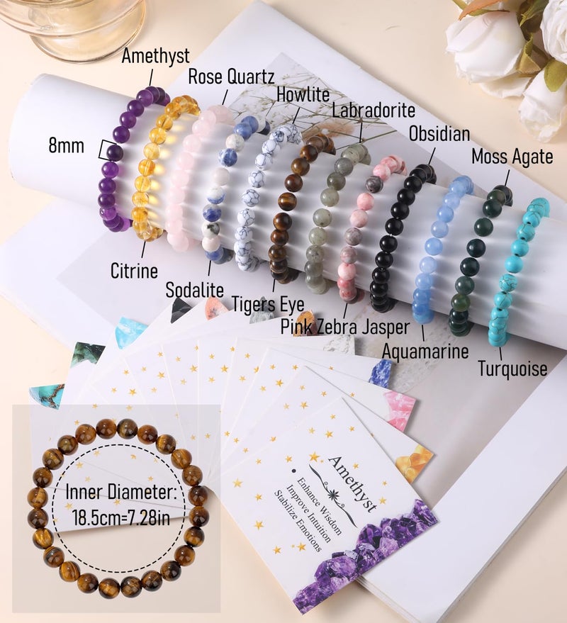 WAINIS 12Pcs 8mm Natural Healing Crystal Bracelets for Women Men Semi-Precious Gemstone Beaded Bracelets Round Beads Gemstones Stretch Yoga Bracelet - Image 4