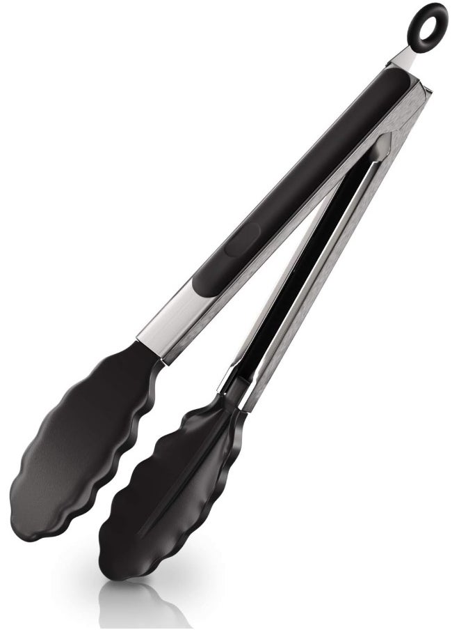 Entice Goods Kitchen Silicone Tongs 9 Inches | Stainless Steel Handle with Easy Grip and Smart Padlock System | Curved Silicone Tip for Strong Grip | Handy Tong for BBQ, Serving, Frying, and Cooking (Black)  - Image 2