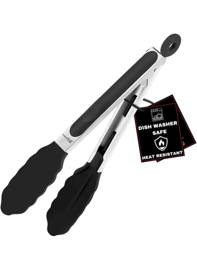 Entice Goods Kitchen Silicone Tongs 9 Inches | Stainless Steel Handle with Easy Grip and Smart Padlock System | Curved Silicone Tip for Strong Grip | Handy Tong for BBQ, Serving, Frying, and Cooking (Black)  - Image 1