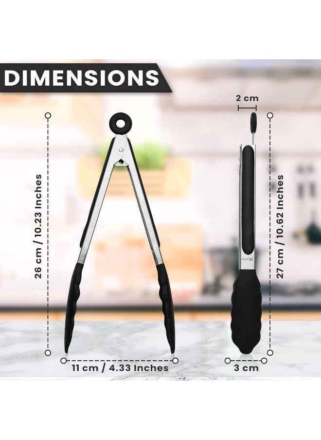Entice Goods Kitchen Silicone Tongs 9 Inches | Stainless Steel Handle with Easy Grip and Smart Padlock System | Curved Silicone Tip for Strong Grip | Handy Tong for BBQ, Serving, Frying, and Cooking (Black)  - Image 3
