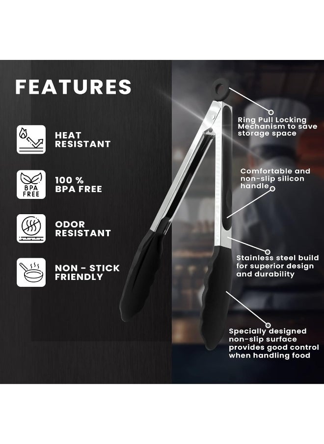 Entice Goods Kitchen Silicone Tongs 9 Inches | Stainless Steel Handle with Easy Grip and Smart Padlock System | Curved Silicone Tip for Strong Grip | Handy Tong for BBQ, Serving, Frying, and Cooking (Black)  - Image 4