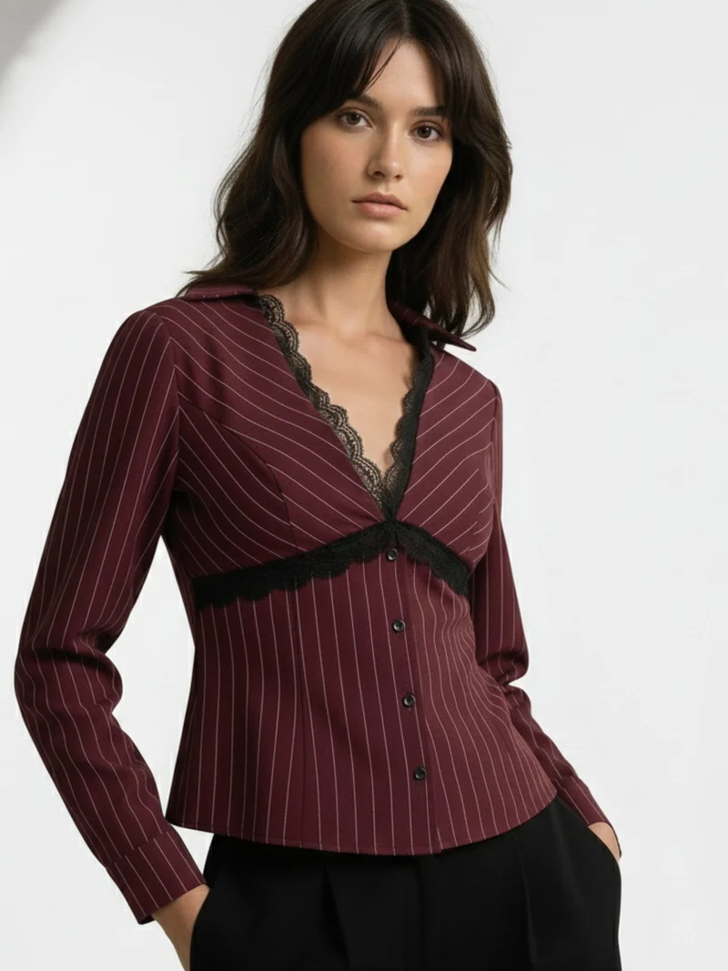 Outzidr Burgundy V Neck Striped Shirt With Lace Empire Seam