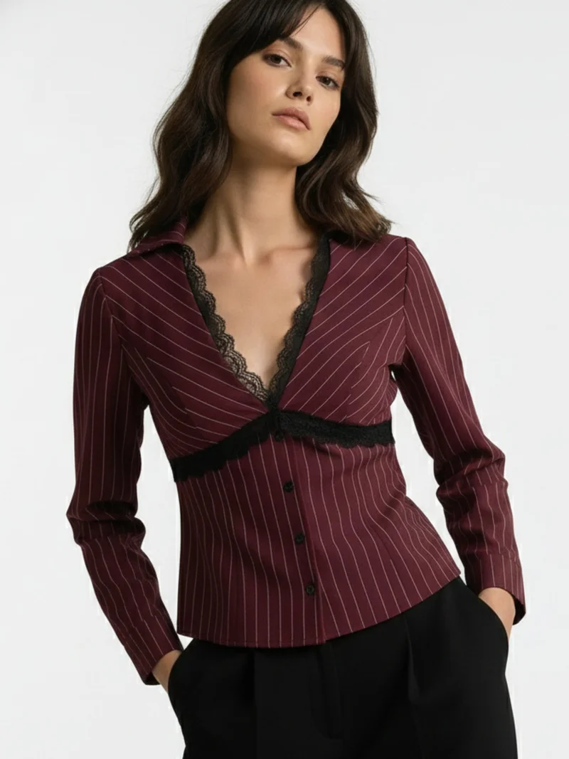 Outzidr Burgundy V Neck Striped Shirt With Lace Empire Seam