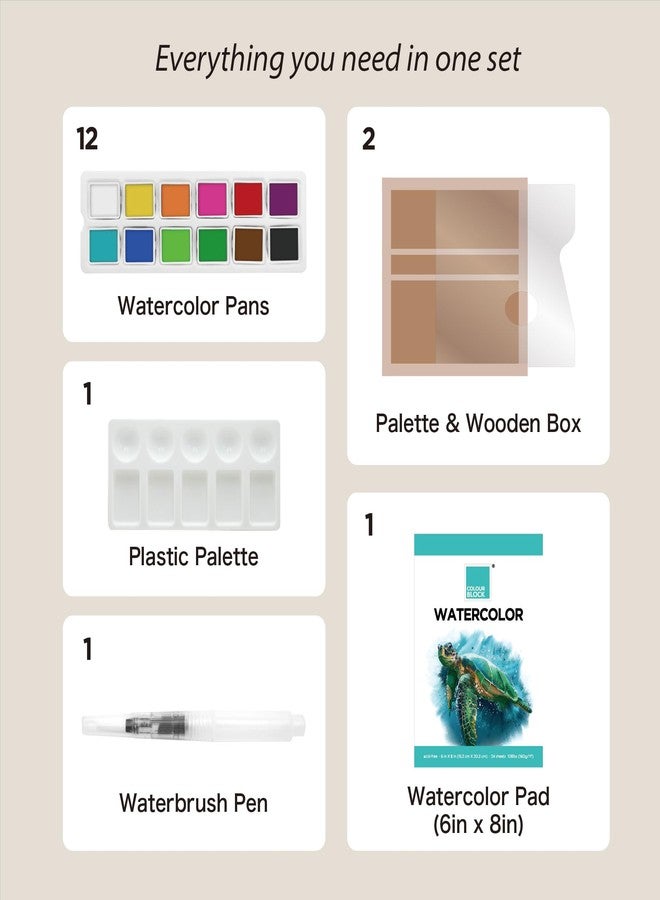 COLOUR BLOCK Watercolor Paint Set includes half pans, water brush, palettes, pad, wooden box, ideal for beginners, kids, adults, travel, gifts - Image 3
