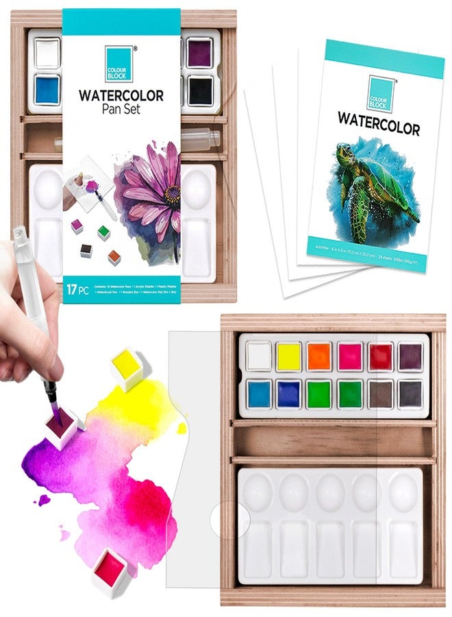 COLOUR BLOCK Watercolor Paint Set includes half pans, water brush, palettes, pad, wooden box, ideal for beginners, kids, adults, travel, gifts - Image 1