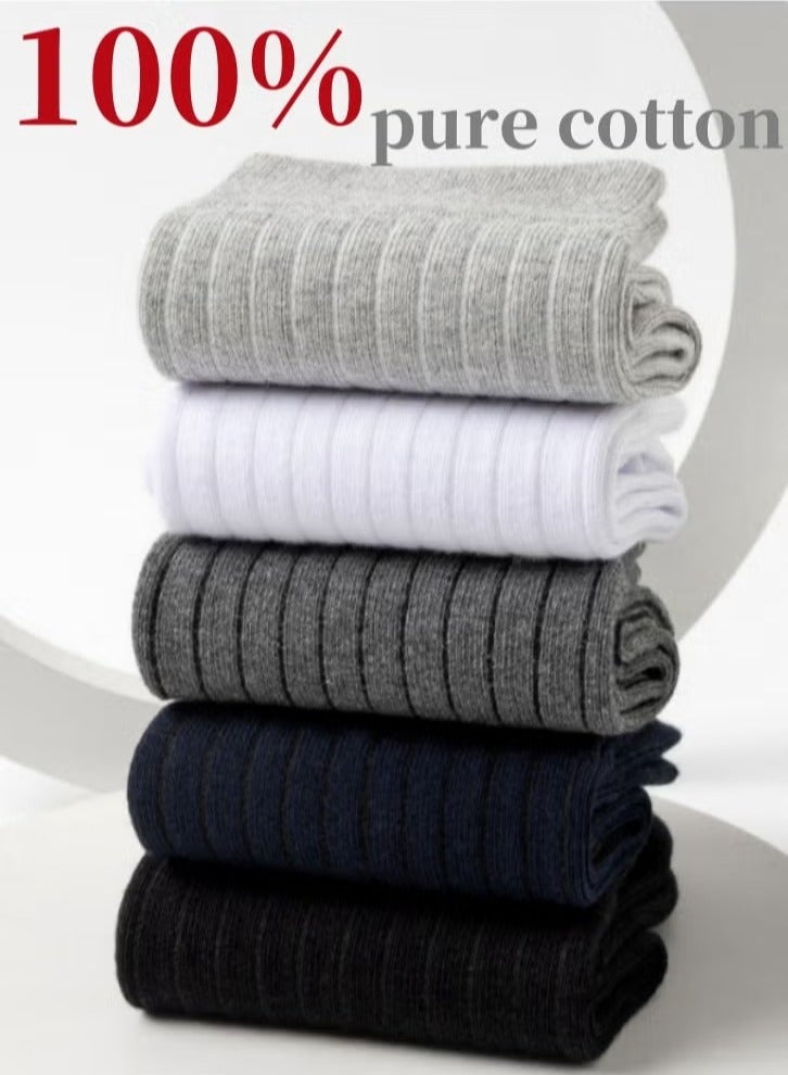 infino 5 أزواج من جوارب الرجال 100% قطن: جوارب منتصف الساق، جوارب رسمية، ممانعة للرطوبة، مناسبة لجميع الفصول، بنمط مخطط بمجموعة متنوعة من الألوان لارتداء رجال الأعمال الكاجوال. - Image 4