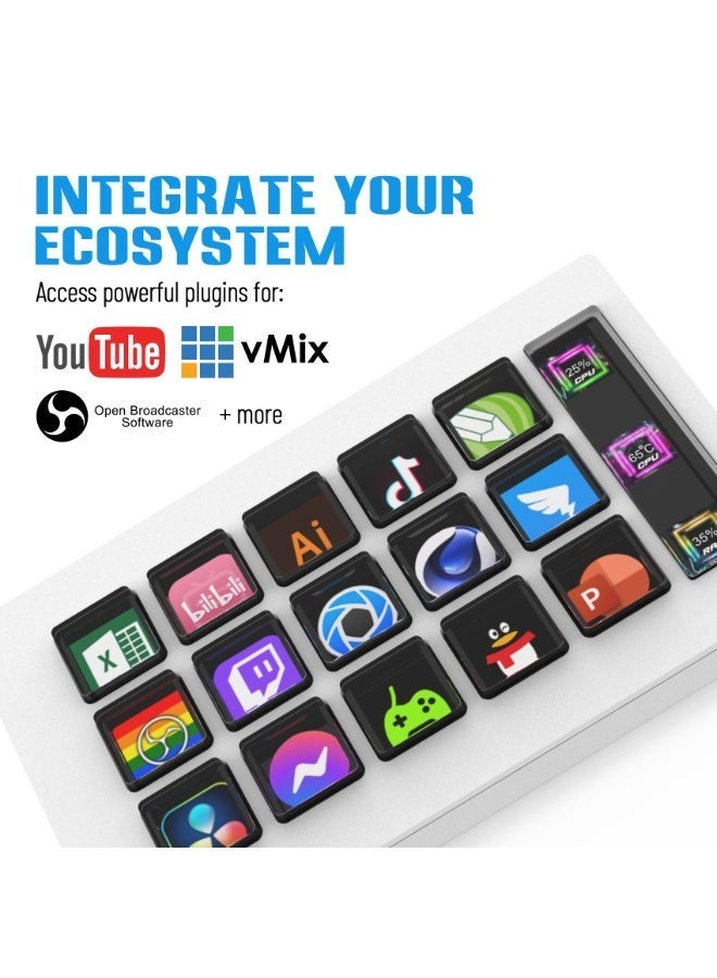 A 15-key LCD screen visual keyboard with customizable controllers, suitable for live streaming and content creation. A one-handed keyboard supporting Twitch/YouTube live streaming, compatible with PC/Mac, improving workflow (white). - Image 2