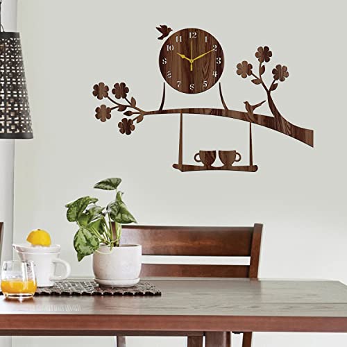 Freny Exim Wooden Mdf Tree Birds Coffee Cup On Julha Design Analog Wall Clock Without Glass (Brown, 43Cm X 68Cm)-058 - Image 3