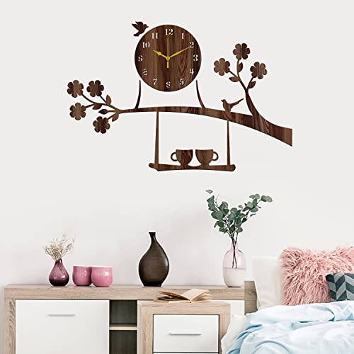Freny Exim Wooden Mdf Tree Birds Coffee Cup On Julha Design Analog Wall Clock Without Glass (Brown, 43Cm X 68Cm)-058 - Image 1
