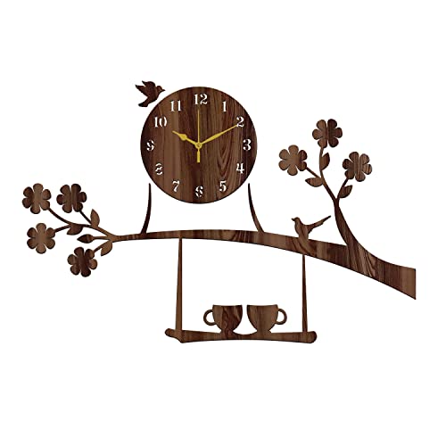 Freny Exim Wooden Mdf Tree Birds Coffee Cup On Julha Design Analog Wall Clock Without Glass (Brown, 43Cm X 68Cm)-058 - Image 2