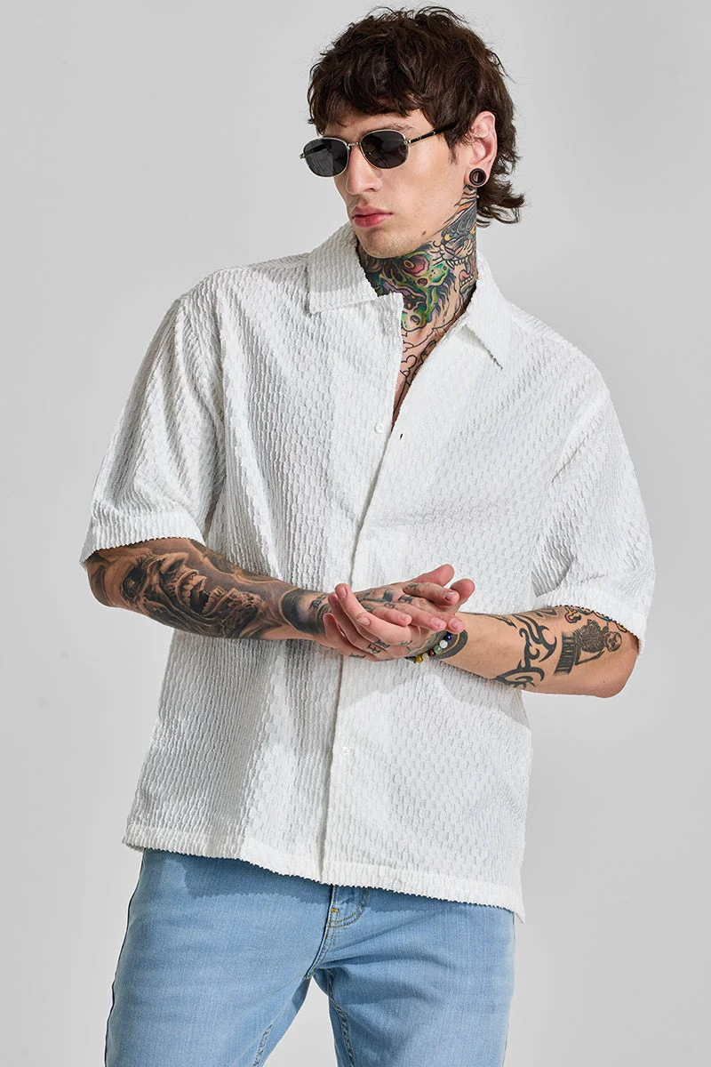 سنيتش Rich Eggshell White Textured Half Sleeve Oversized Casual Shirt