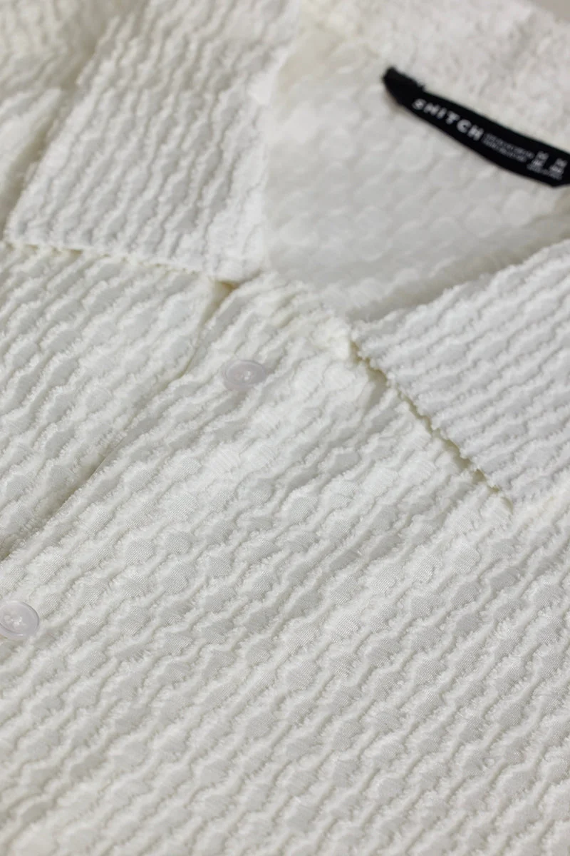 سنيتش Rich Eggshell White Textured Half Sleeve Oversized Casual Shirt