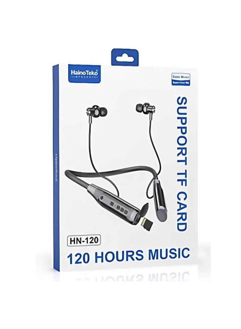 Haino Teko HN120 Bluetooth Neck Band Headphone 120 Hours Music With High Bass Sound Quality Super Clear Mic And TF Card Support Black - Image 1