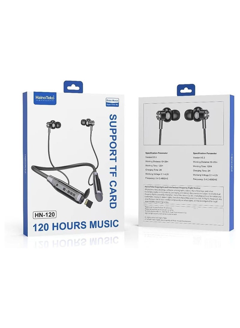 Haino Teko HN120 Bluetooth Neck Band Headphone 120 Hours Music With High Bass Sound Quality Super Clear Mic And TF Card Support Black - Image 3