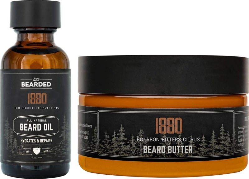 Live Bearded Beard Oil and Butter Grooming Kit - Made in the USA - All-Natural Ingredients with Shea, Argan, Jojoba - Growth Support | 1880 Scent - Bourbon, Bitters, Citrus